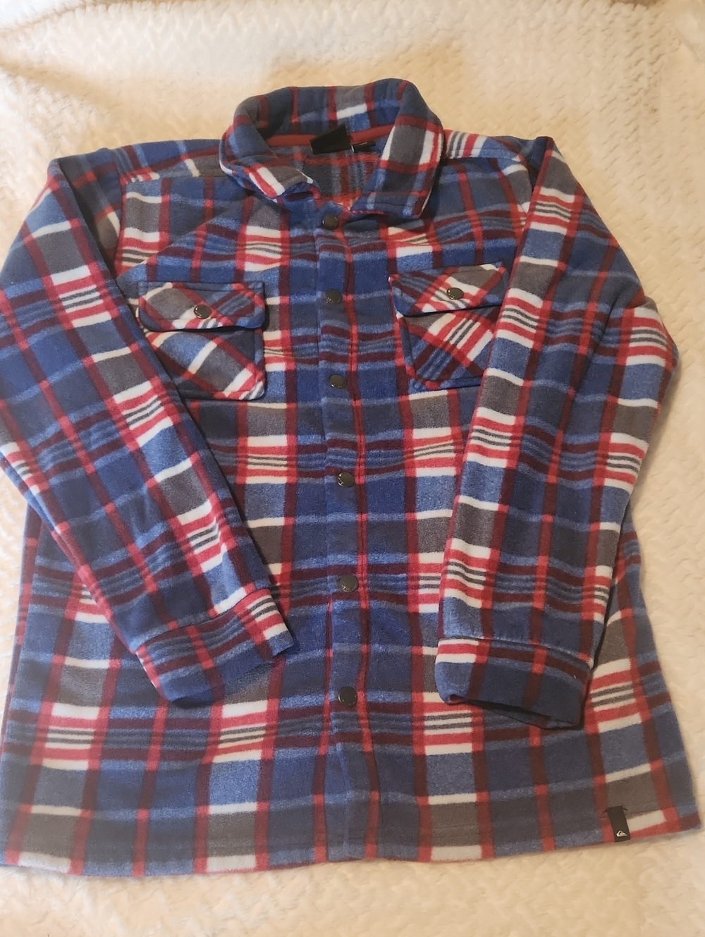 Quiksilver Red, Blue & Gray Plaid Fleece Button-Front Shirt Jacket Boys L 14-16